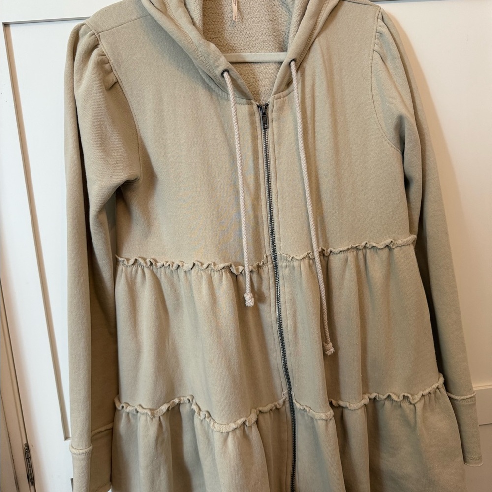 Free People Khaki Tiered Sweatshirt Hooded Jacket